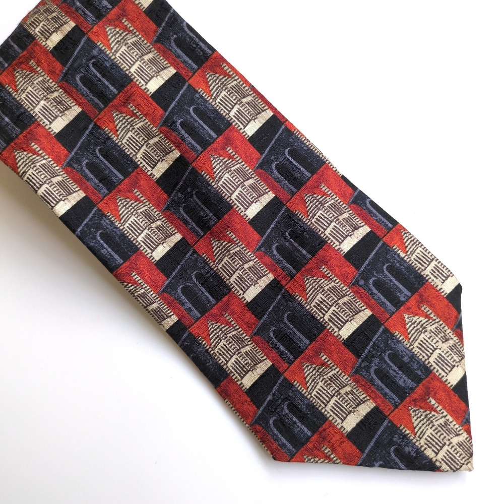 Ermenegildo Zegna Silk Tie Red Grey Black Architectural Cathedral Building Italy